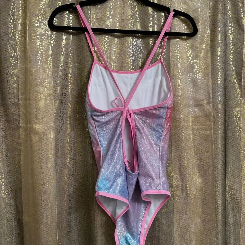 Women's Pink Blue Purple Shimmer Sparkly One Piece Swimsuit Med NWOT